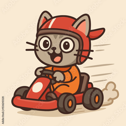 A funny cartoon cat in racing gear, speeding in a go-kart with eyes wide in excitement and ears flapping in the wind. Funky and cute vector illustration on a plain background.
