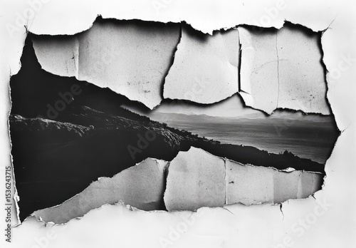 Ripped paper reveals a grayscale landscape