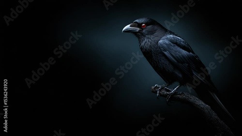 Mysterious Raven Silhouette: A stark contrast between the darkness and the striking black plumage of a raven perched on a weathered branch against a deep, enigmatic backdrop.