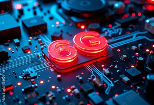 Futuristic 6G Network Technology Illuminated 6G Symbol on Advanced Circuit Board