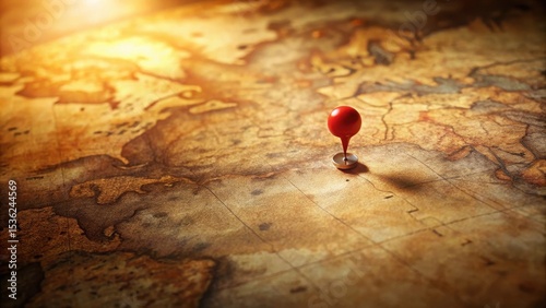 A red marker pinpoints a destination on an antique world map, symbolizing exploration and the thrill of discovery on a journey to an unknown place.