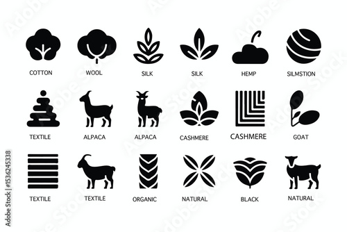 Material composition label glyph icon set. Vector pictograms of cotton, wool, silk, hemp, alpaca, cashmere, goat, textile, organic, natural, black sign silhouette illustration.