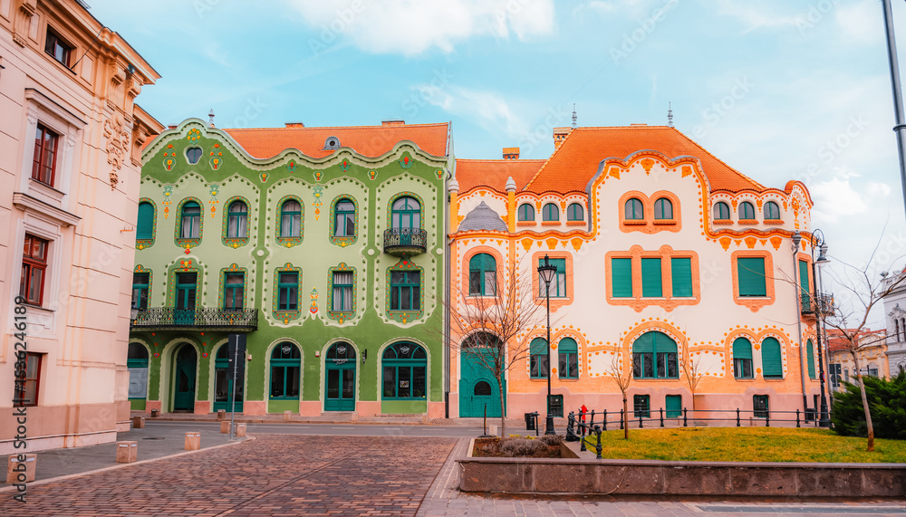 Fototapeta premium Oradea, Romania with Union Square (Piata Unirii), The Capital of Art Nouveau. Western Transylvania in Romania. Historical cultural city in europe