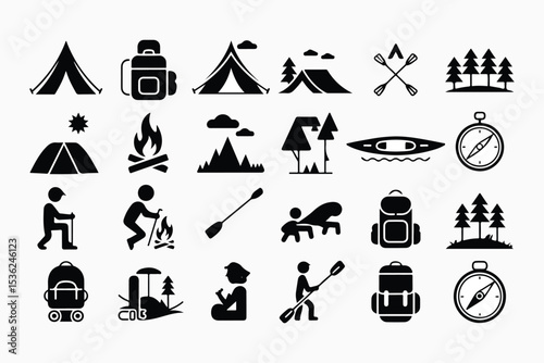Camping, outdoor adventure icon set. Vector glyph pictograms of eco-tourism, tent, backpack, campfire, compass, kayak, hiking, travel, wilderness exploration black silhouette illustration.