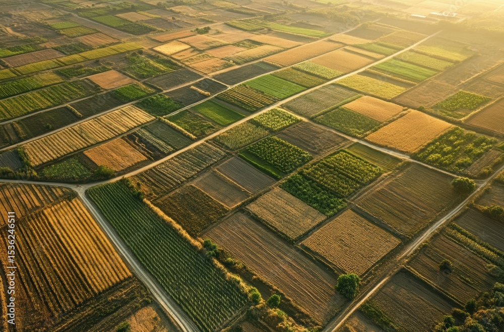 Fototapeta premium Wide aerial view of patchwork farms