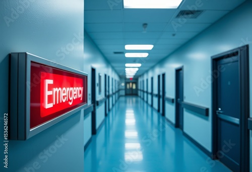 Illuminated Emergency Sign in Modern Hospital Corridor Healthcare Facility Interior