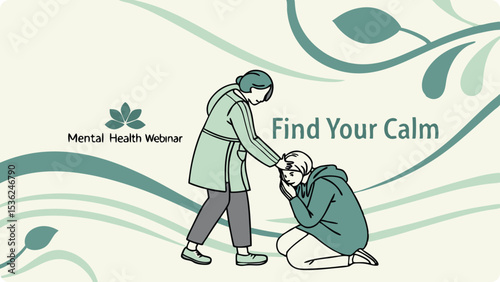 Illustration of a woman comforts another woman who is kneeling and appears distressed, promoting mental health and wellbeing