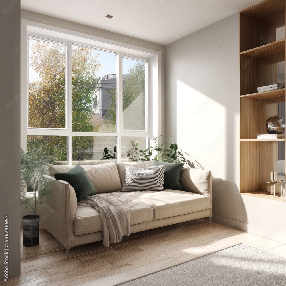 Fototapeta premium Clean living space with a comfortable sofa, minimalist decor, and bright natural light.
