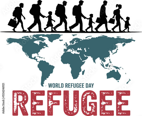Walking refugee silhouettes across globe map in red and black with large distressed refugee typographic title  