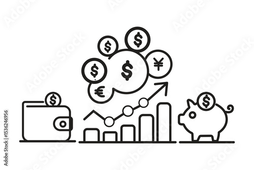 Finance line icon set. Vector pictograms of money, wallet, banking tools, currency symbols, investment chart, financial services, piggy bank, dollar thin linear illustration.