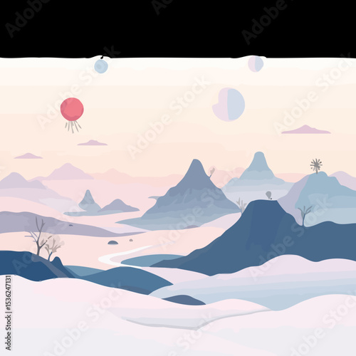 Surreal Dreamscape Vector Art – Floating Elements and Pastel Gradient Landscapes