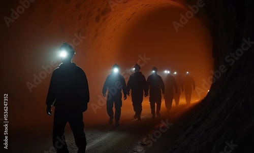 Silhouettes of miners walking in glowing underground tunnel  
