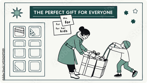 Illustration of a woman and child prepare gifts for family during the holiday season