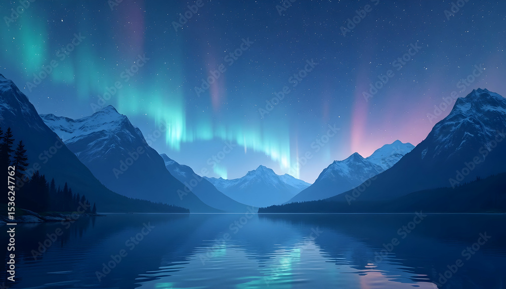 Fototapeta Aurora Borealis Over Lake Landscape at Night