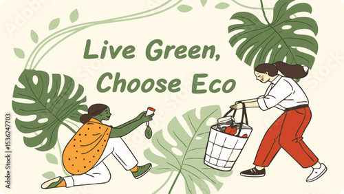 Illustration of two women carrying groceries in a basket, promoting a green and ecofriendly lifestyle
