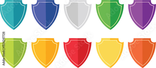 Vector Icon Set Featuring Colorful Heraldic Shields, Shiny Star Badges, Promotional Ribbons, and Seasonal Weather Symbols in a Clean Flat Style on White Background

