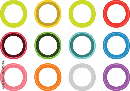 Vector Set of Colorful Minimalist Rings Arranged in a Grid Layout – Flat Donut-Shaped Designs with Bright Outer Bands and Clean White Centers on a White Background

