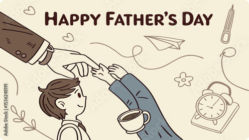 Illustration of happy fathers day illustration showing a fathers hand gently touching his sons head
