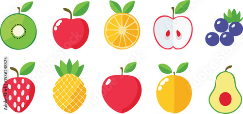 Vector Set of Colorful Cartoon Fruit Icons Featuring Kiwi, Apple, Orange, Strawberry, Pineapple, and Avocado in a Neatly Arranged Flat Layout

