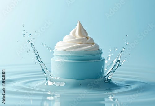 Luxurious Moisturizing Cream in Blue Jar with Water Splash Skincare Product