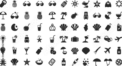 Summer vacation icons vector set travel elements sunglasses pineapple beach umbrella suitcase one hundred editable stock vector illustration