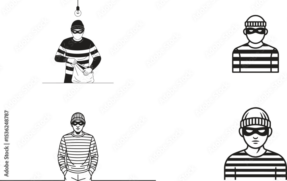 Naklejka premium Burglar And Security Set. Theft, Alarm, Mask, Lock System Vector Illustration