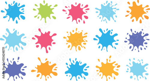 Vector Illustration of Vibrant Colorful Paint Splatters, Stylized Stars, Decorative Tags, and Cheerful Weather Icons in a Flat, Modern Layout on White Background

