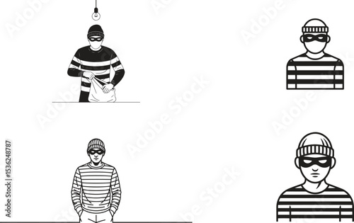 Burglar And Security Set. Theft, Alarm, Mask, Lock System Vector Illustration