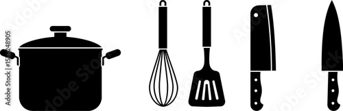 Kitchen utensils vector illustration cooking tools pot whisk spatula knives cleaver chef cook food preparation editable stock vector illustration