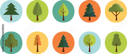 Bright and Cheerful Vector Set of Stylized Trees Featuring Rounded and Triangular Canopies in Whimsical Layout

