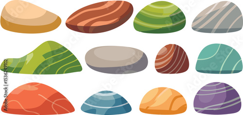 Vector Collection of Polished Colorful Stones with Natural Textures, Gradient Patterns, and Earthy Tones Arranged in a Balanced Grid on White Background

