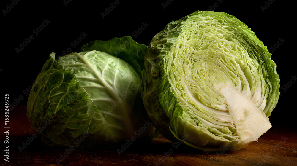 Fototapeta premium Fresh Raw Cabbage Slices on Wooden Table in Dark Kitchen Setting with Dramatic Lighting and Texture