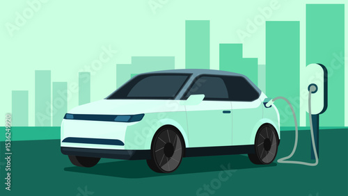Electric car charging battery at a station, environmental friendly energy, vector illustration green background