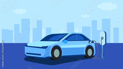 Electric car charging battery at a station, environmental friendly energy, vector illustration blue background