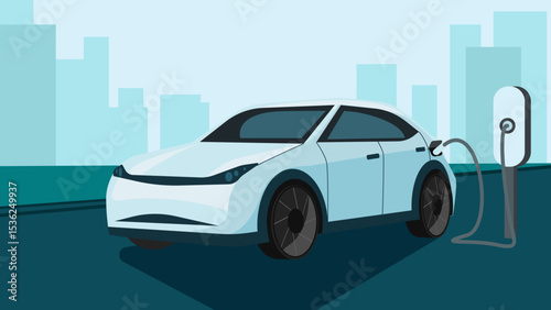 Electric car charging battery at a station, environmental friendly energy, vector illustration blue background