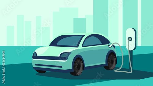 Electric car charging battery at a station, environmental friendly energy, vector illustration green background
