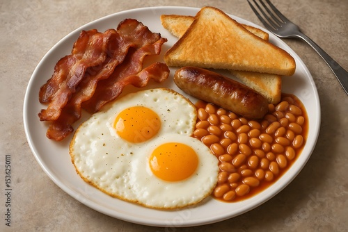 Classic Breakfast Plate: Eggs, Bacon, Sausage, Toast & Beans