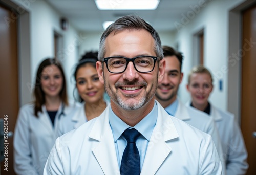 Confident Medical Team of Doctors and Nurses in Hospital Corridor