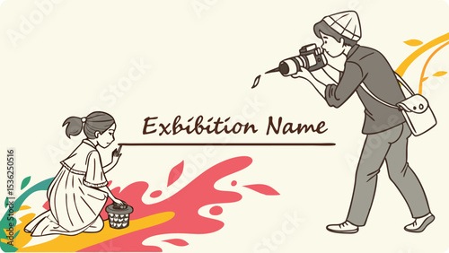 Illustration of a young female artist sketches while a photographer captures the moment at an art exhibition