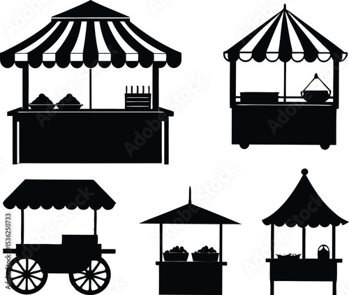 Street Food Stall Silhouette Vector, Market Vendor Stand Clipart.