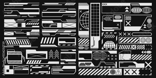 Digital futuristic elements set, Technology sign design bundle, Streetwear element vector collection, Brutalism electronic and data concept graphic packs
