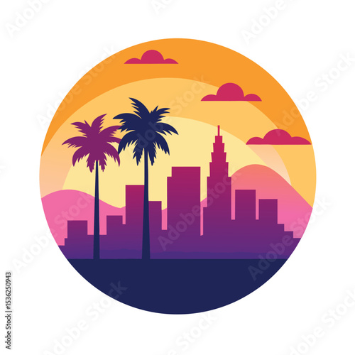 Los Angeles Skyline with Palm Trees and Hills