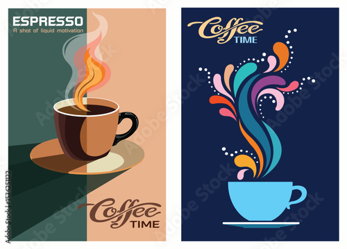 A trendy two - poster set showcasing stylized coffee illustrations - one with a motivational espresso theme, the other with colorful, creative steam swirls.