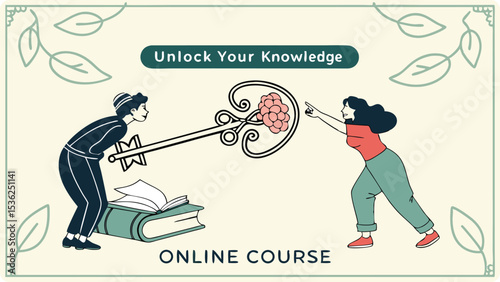 Illustration of unlock your knowledge online course concept illustration showing a key to the brain
