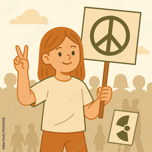 Young girl holding peace sign poster at anti-nuclear protest event  