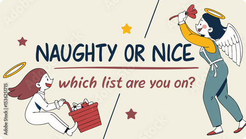 Illustration of a cheerful illustration shows an angel and a girl representing naughty or nice lists for christmas