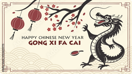 Illustration of happy chinese new year greeting card features a playful dragon among cherry blossoms and lanterns