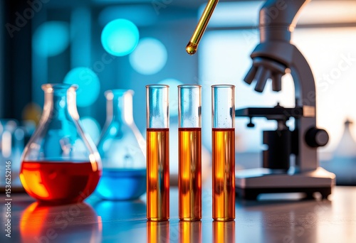 Laboratory Research Amber Liquid in Test Tubes Microscope and Flasks