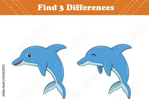 Education game for children find three differences between two dolphin cartoon. Vector illustration