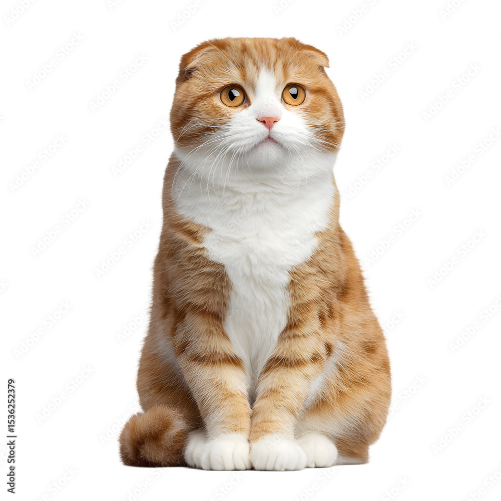 Obraz premium A fluffy orange cat sitting upright with a curious expression against a plain background